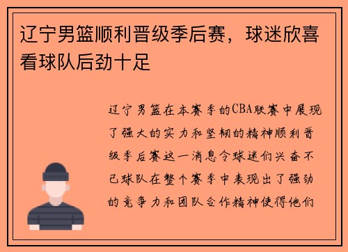 辽宁男篮顺利晋级季后赛，球迷欣喜看球队后劲十足